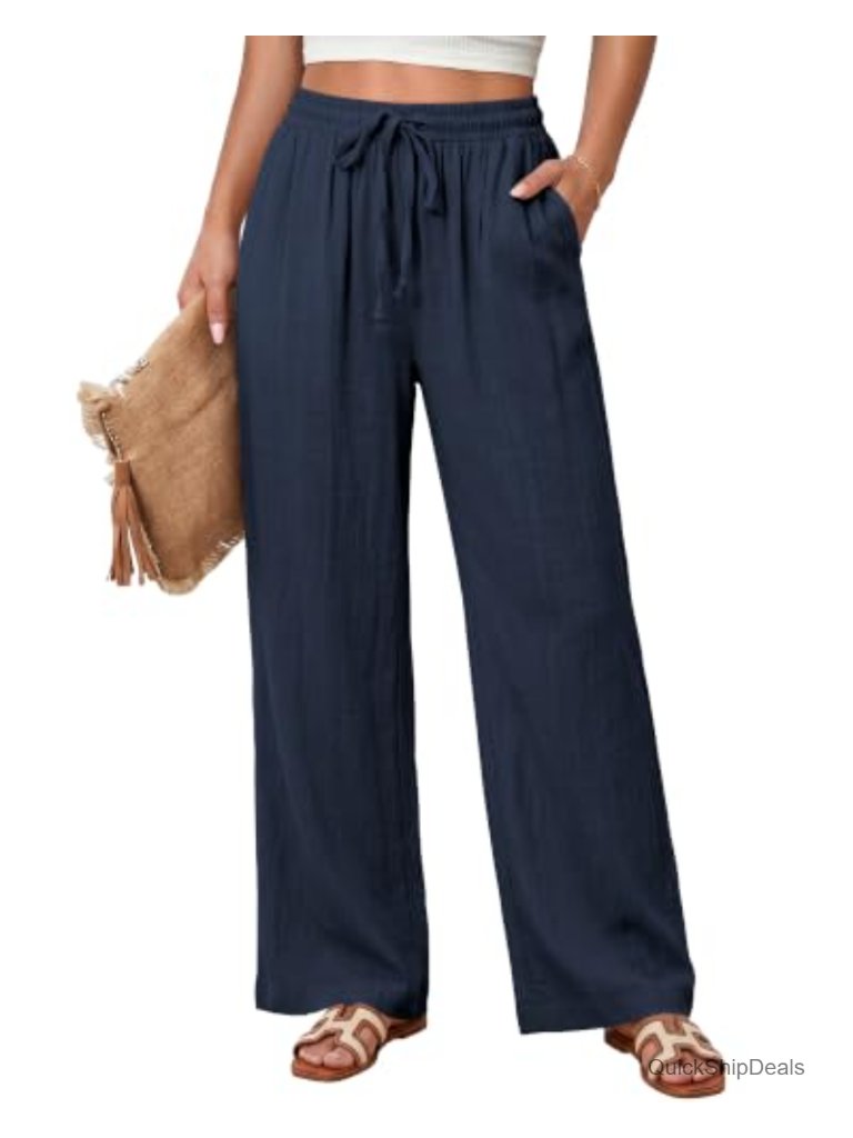 Wide Leg Linen Pull On Pants High Waisted Drawstring Palazzo Trousers Resort